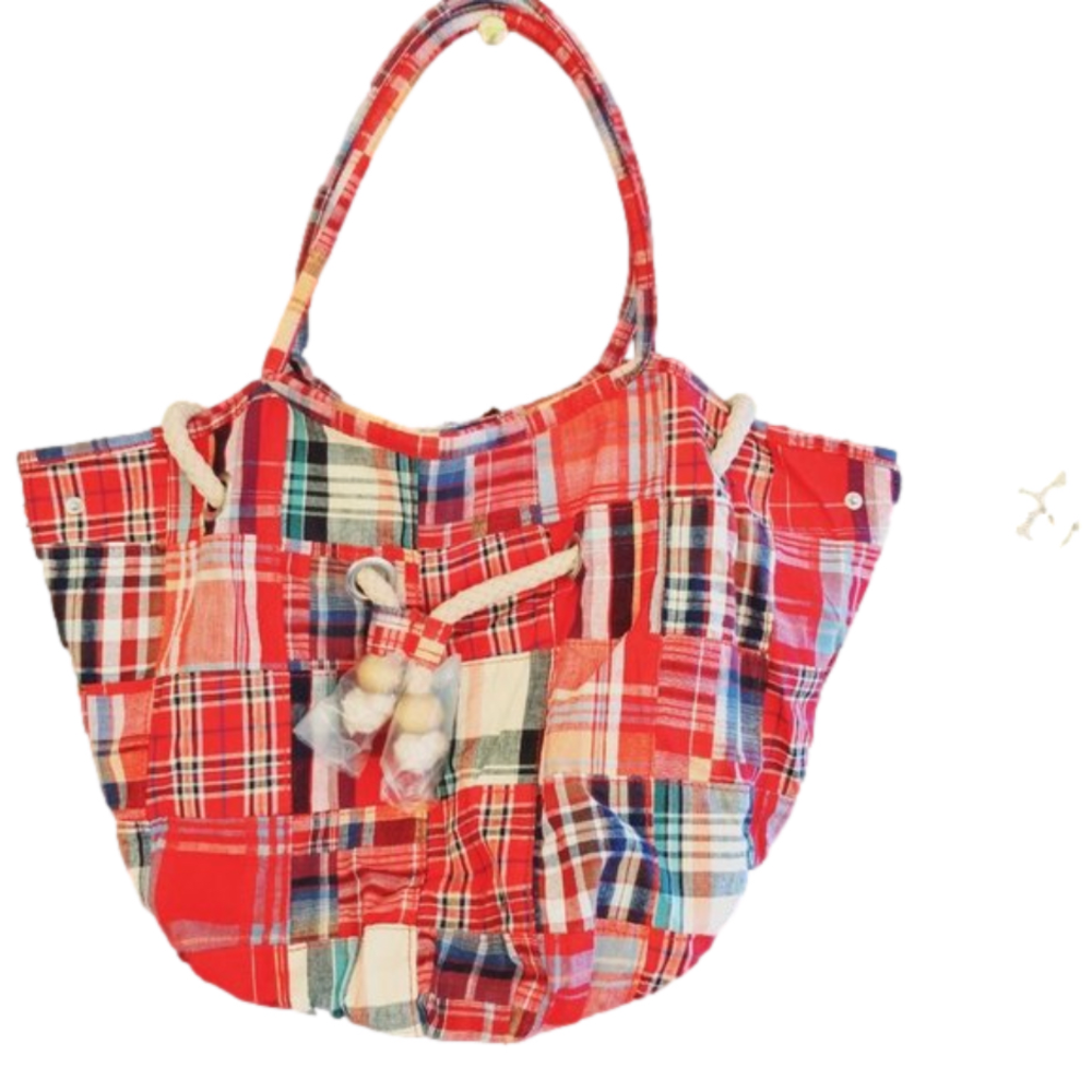 CHATEAU Bucket Bag Patchwork Madras Elongated bag w/top handles, cord draw close